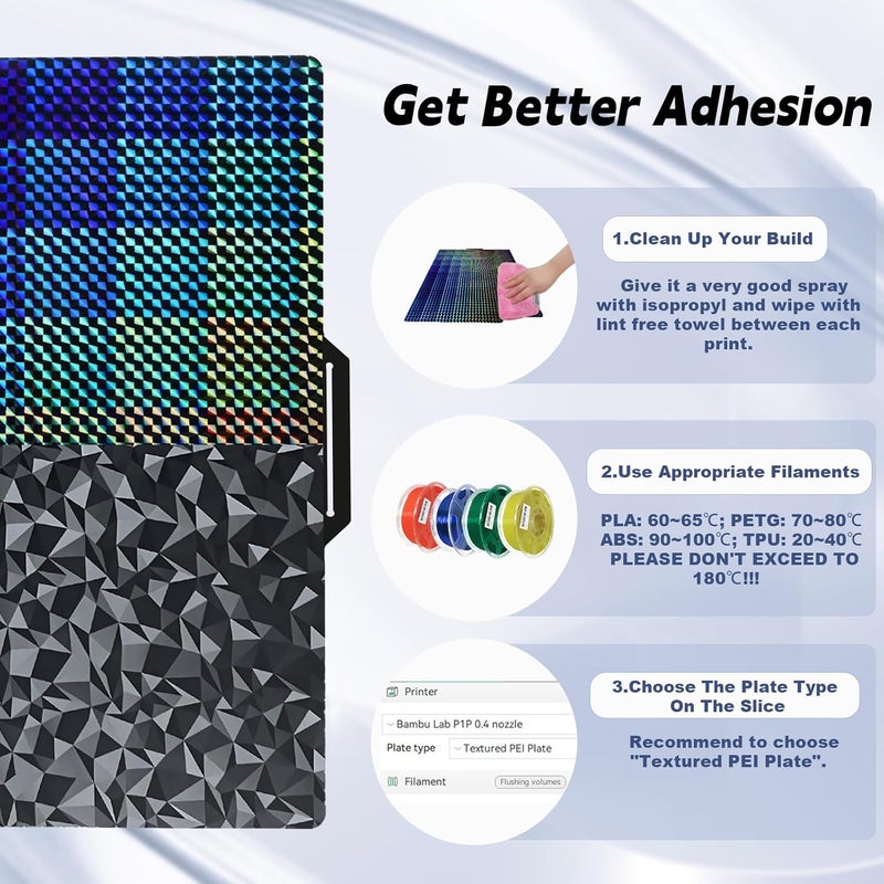 IdeaFormer-3D Double Sided H1H PEO Build Plate for Bambu Lab X1 X1C X1E P1P P1S P2S A1, Smooth Phantom H1H+Diamond PEO Spring Steel Sheet Flexible Plate 257x257mm for Bambu 3D Printers - Image 4